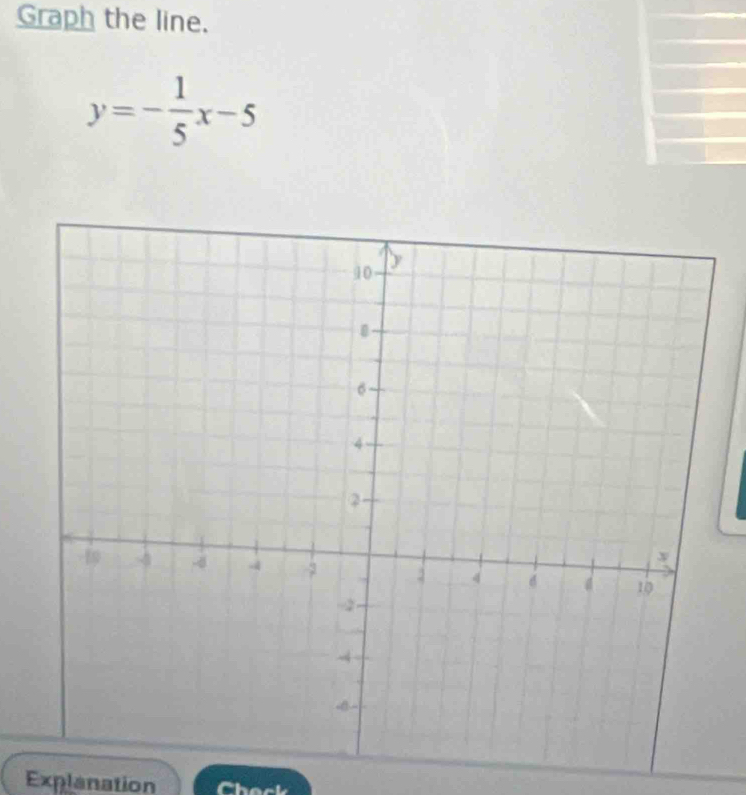 Graph the line.
y=- 1/5 x-5
Explanation