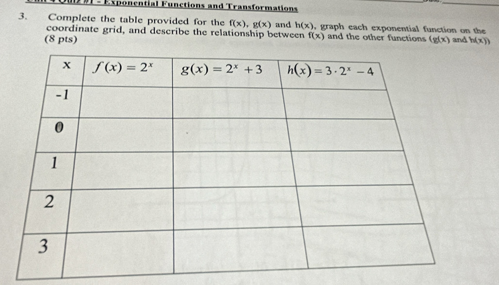 DM - Exponential Functions and Transformations
_
3. Complete the table provided for the f(x),g(x) and h(x) , graph each exponential function on the
coordinate grid, and describe the relationship between f(x) and the other functions
(8 pts) (g(x) and h(x))