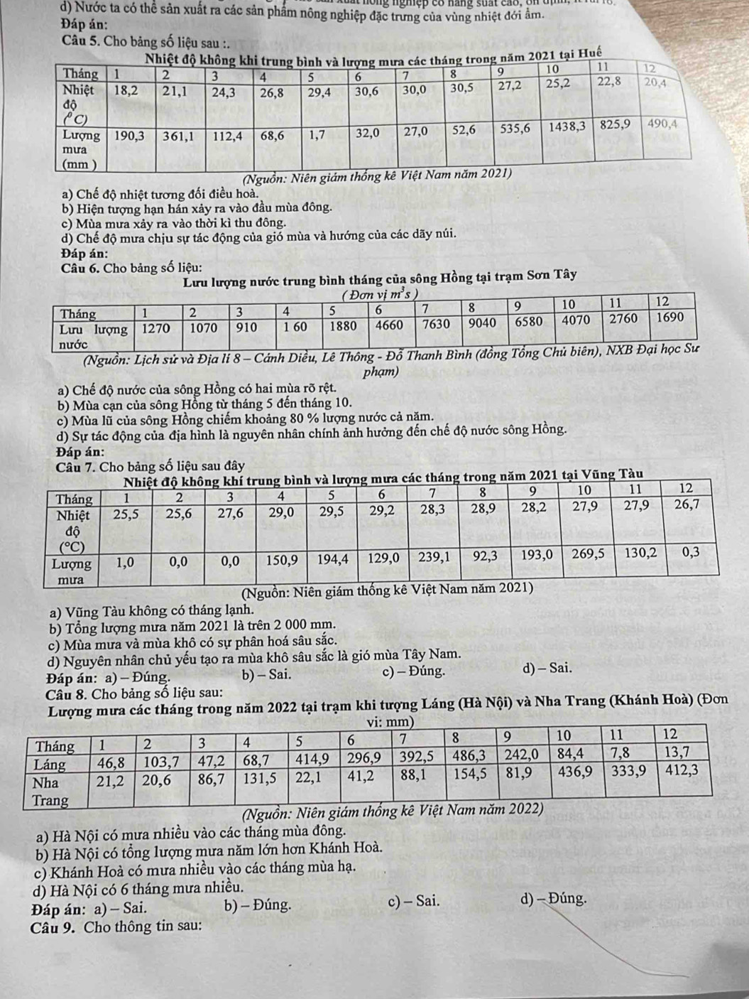 d) Nước ta có thể sản xuất ra các sản phẩm nông nghiệp đặc trưng của vùng nhiệt đới ẩm.
Đáp án:
Câu 5. Cho bảng số liệu sau :.
Huế
(Ng
a) Chế độ nhiệt tương đối điều hoà.
b) Hiện tượng hạn hán xảy ra vào đầu mùa đông.
c) Mùa mưa xảy ra vào thời kì thu đông.
d) Chế độ mưa chịu sự tác động của gió mùa và hướng của các dãy núi.
Đáp án:
Câu 6. Cho bảng số liệu:
Lưu lượng nước trung bình tháng của sông Hồng tại trạm Sơn Tây
(Nguồn: Lịch sử và Địa li 8 - Cánh Diều, Lê Thông - Đỗ Than
phạm)
a) Chế độ nước của sông Hồng có hai mùa rõ rệt.
b) Mùa cạn của sông Hồng từ tháng 5 đến tháng 10.
c) Mùa lũ của sông Hồng chiếm khoảng 80 % lượng nước cả năm.
d) Sự tác động của địa hình là nguyên nhân chính ảnh hưởng đến chế độ nước sông Hồng.
Đáp án:
Câu 7. Cho bảng số liệu sau đây
ũng Tàu
(Nguồn: Niên giám thống kê 
a) Vũng Tàu không có tháng lạnh.
b) Tổng lượng mưa năm 2021 là trên 2 000 mm.
c) Mùa mưa và mùa khô có sự phân hoá sâu sắc.
d) Nguyên nhân chủ yếu tạo ra mùa khô sâu sắc là gió mùa Tây Nam.
Đáp án: a) - Đúng. b) - Sai. c) - Đúng.
d) - Sai.
Câu 8. Cho bảng số liệu sau:
Lượng mưa các tháng trong năm 2022 tại trạm khi tượng Láng (Hà Nội) và Nha Trang (Khánh Hoà) (Đơn
(Nguồn: Niên giám th
a) Hà Nội có mưa nhiều vào các tháng mùa đông.
b) Hà Nội có tổng lượng mưa năm lớn hơn Khánh Hoà.
c) Khánh Hoà có mưa nhiều vào các tháng mùa hạ.
d) Hà Nội có 6 tháng mưa nhiều.
Đáp án: a) - Sai. b) - Đúng. c) - Sai.
d) -  Đúng.
Câu 9. Cho thông tin sau: