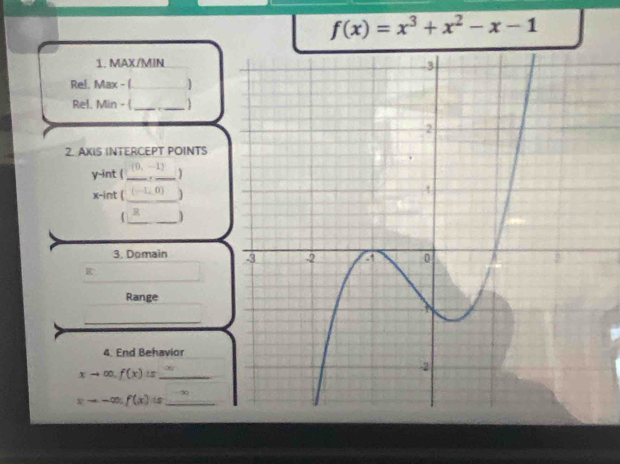 f(x)=x^3+x^2-x-1
1. MAX/MIN 
Rel. Max - (_ 
Rel. Min - (_ 
2. AKIS INTERCEPT POINTS
y -int (_ (0,-1) _ ) 
_
x -int ( (-1,0) ] 
_R _) 
3. Domain 
g 
_ 
Range 
_ 
4. End Behavior
xto ∈fty ,f(x) i5_
xto -∈fty f(x) is_