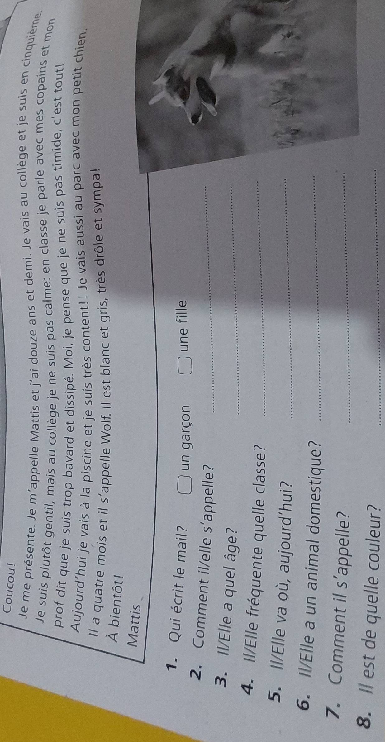 Coucou!
Je me présente. Je m’appelle Mattis et j'ai douze ans et demi. Je vais au collège et je suis en cinquième.
Je suis plutôt gentil, mais au collège je ne suis pas calme: en classe je parle avec mes copains et mon
prof dit que je suis trop bavard et dissipé. Moi, je pense que je ne suis pas timide, c’est tout!
Aujourd’hui je vais à la piscine et je suis très content!! Je vais aussi au parc avec mon petit chien.
Il a quatre mois et il s'appelle Wolf. Il est blanc et gris, très drôle et sympa!
À bientôt!
Mattis
1. Qui écrit le mail?
un garçon une fille
2. Comment il/elle s’appelle?_
3. Il/Elle a quel âge?_
4. Il/Elle fréquente quelle classe?_
5. Il/Elle va où, aujourd’hui?_
6. Il/Elle a un animal domestique?_
7. Comment il s'appelle?_
8. Il est de quelle couleur?_