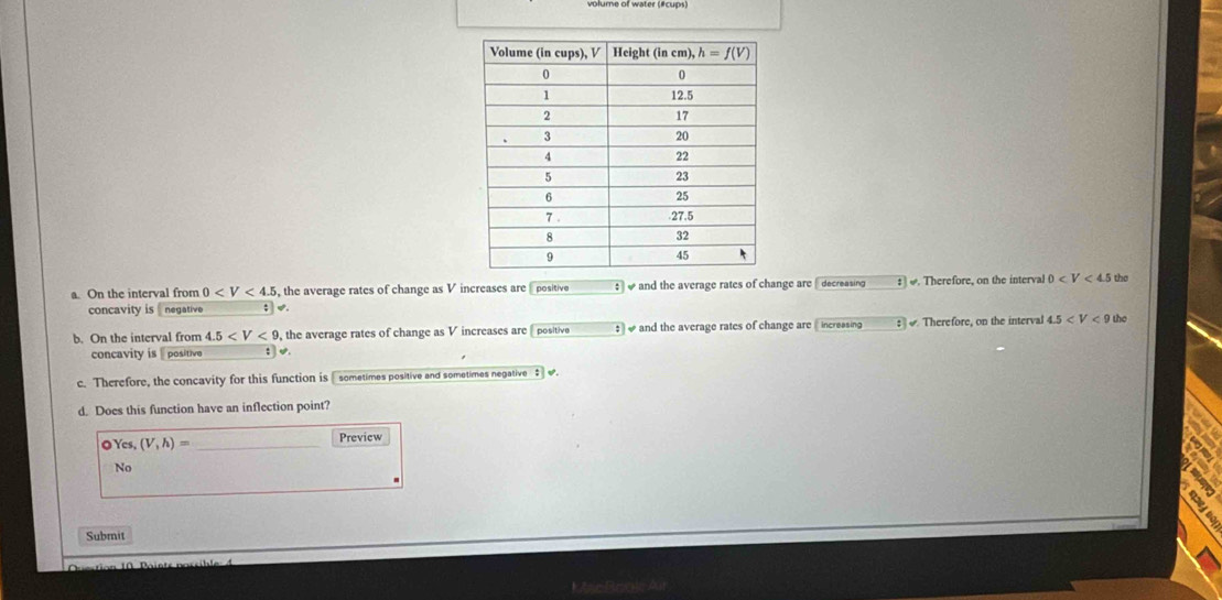 volume of water (#cups)
a. On the interval from 0 , the average rates of change as V increases are  positive ;  and the average rates of change are  decreasing : ) . Therefore, on the interval 0 the
concavity is  negative ; w
b. On the interval from 4.5 , the average rates of change as V increases are  positive ‡   and the average rates of change are ( increasing :   Therefore, on the interval 4.5 the
concavity is  positive 1 v.
c. Therefore, the concavity for this function is  sometimes positive and sometimes negative $ ].
d. Does this function have an inflection point?
。 Yes,(V,h)= _
Preview
No
Submit
R AR