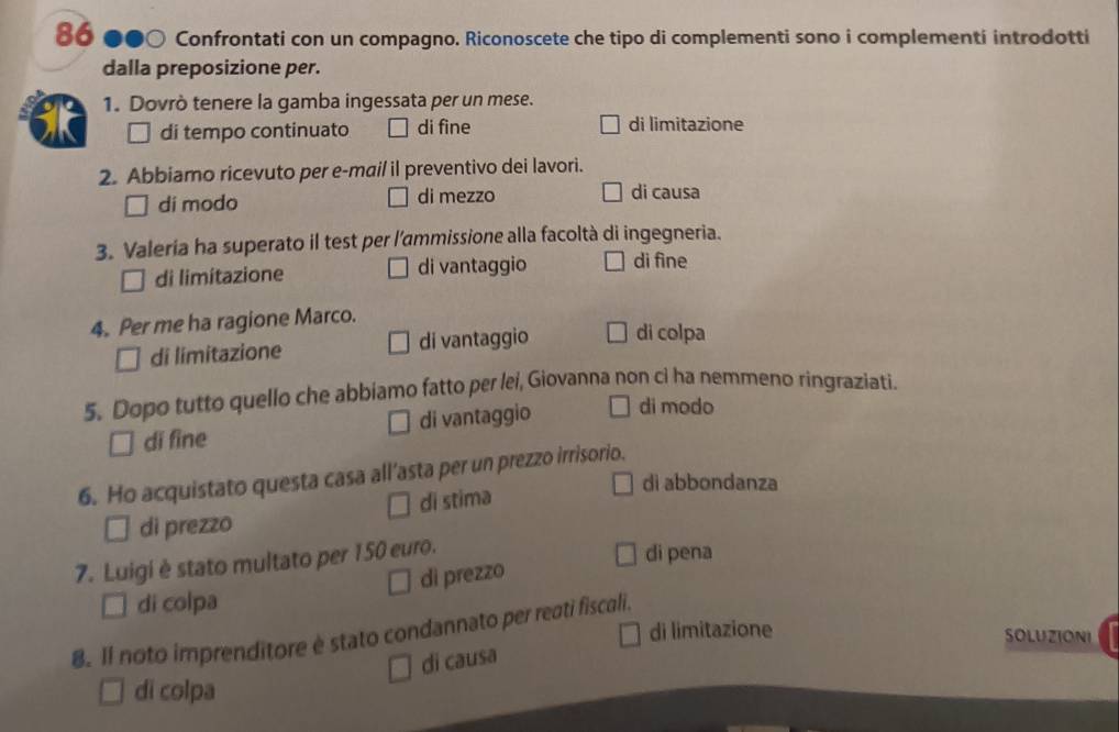 86 ●●○ Confrontati con un compagno. Riconoscete che tipo di complementi sono i complementi introdotti
dalla preposizione per.
1. Dovrò tenere la gamba ingessata per un mese.
di tempo continuato di fine di limitazione
2. Abbiamo ricevuto per e-mai/ il preventivo dei lavori.
di modo di mezzo di causa
3. Valeria ha superato il test per l'ammissione alla facoltà di ingegneria.
di limitazione di vantaggio di fine
4. Per me ha ragione Marco.
di limitazione di vantaggio di colpa
5. Dopo tutto quello che abbiamo fatto per lei, Giovanna non ci ha nemmeno ringraziati.
dǐ fìne di vantaggio di modo
6. Ho acquistato questa casa all’asta per un prezzo irrisorio.
di abbondanza
di prezzo di stima
7. Luigi è stato multato per 150 euro.
di pena
di prezzo
di colpa
8. Il noto imprenditore è stato condannato per reati fiscali.
di limitazione SOLUZIONI
di causa
di colpa