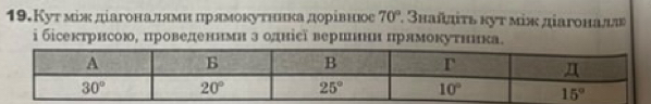 19.Кут між діагональямн πрямокутника дорівнюое 70° 1 3hañπίτь κуt miж дiaγонаддε
і бісектрисою, проведеннмн з однісї вериинн πрямокутника.