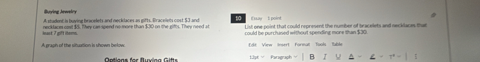 Buying Jewelry 
A student is buying bracelets and necklaces as gifts. Bracelets cost $3 and 10 Essay 1 point 
necklaces cost $5. They can spend no more than $30 on the gifts. They need at List one point that could represent the number of bracelets and necklaces that 
least 7 gift items. could be purchased without spending more than $30. 
A graph of the situation is shown below. Edit View Insert Format Tools Table 
Options for Buving Gifts 12pt Paragraph B I U A Tª