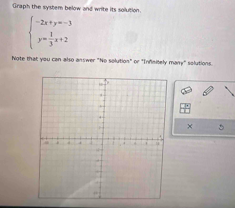 Graph the system below and write its solution.
beginarrayl -2x+y=-3 y= 1/3 x+2endarray.
Note that you can also answer "No solution" or "Infinitely many" solutions. 
×