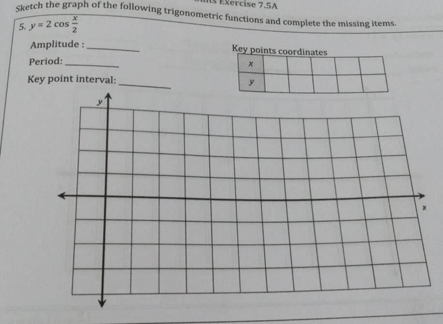 is Éxercise 7.5A 
Sketch the graph of the following trigonometric functions and complete the missing items. 
5. y=2cos  x/2 
Amplitude : _Key points coordinates 
Period:_
x
_ 
Key point interval:
y