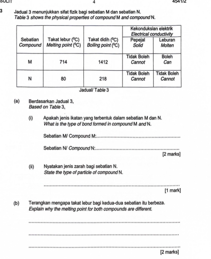 SULI 4541/2
4
3 Jadual 3 menunjukkan sifat fizik bagi sebatian M dan sebatian N.
Table 3 shows the physical properties of compound M and compound N.
(a) Berdasarkan Jadual 3,
Based on Table 3,
(i) Apakah jenis ikatan yang terbentuk dalam sebatian M dan N.
What is the type of bond formed in compound M and N.
Sebatian M/ Compound M:_
Sebatian N/ Compound N:_
[2 marks]
(ii) Nyatakan jenis zarah bagi sebatian N.
State the type of particle of compound N.
_
[1 mark]
(b) Terangkan mengapa takat lebur bagi kedua-dua sebatian itu berbeza.
Explain why the melting point for both compounds are different.
_
_
_
[2 marks]