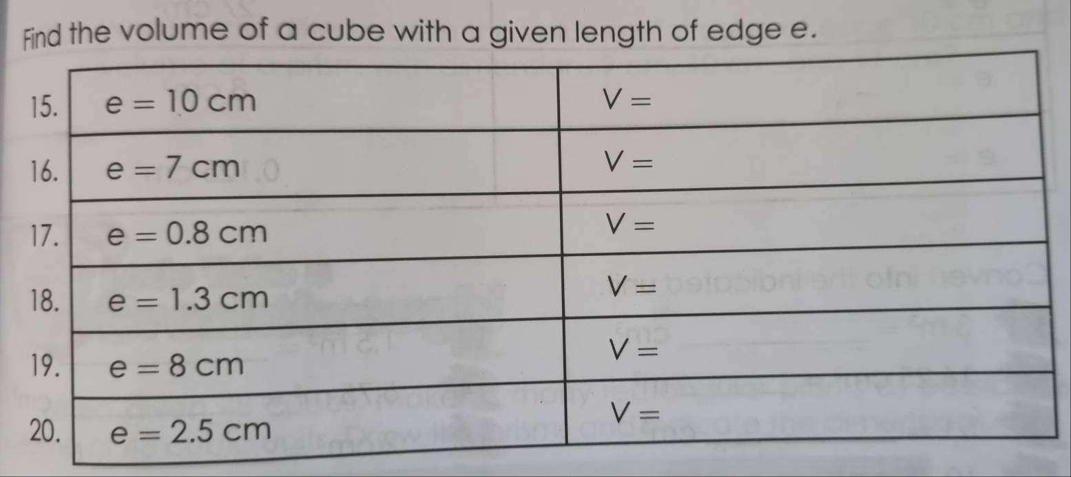 Find the volume of a cube with a given length of edge e.