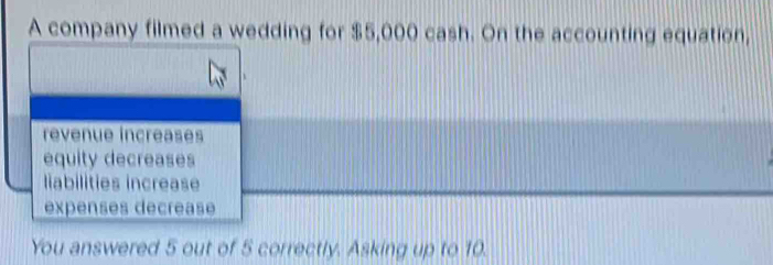 A company filmed a wedding for $5,000 cash. On the accounting equation,
révenue incréases
equity decreases
liabilities increase
expenses decréase
You answered 5 out of 5 correctly. Asking up to 10.