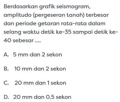 Berdasarkan grafik seismogram,
amplitudo (pergeseran tanah) terbesar
dan periode getaran rata-rata dalam
selang waktu detik ke -35 sampai detik ke-
40 sebesar ....
A. 5 mm dan 2 sekon
B. 10 mm dan 2 sekon
C. 20 mm dan 1 sekon
D. 20 mm dan 0,5 sekon