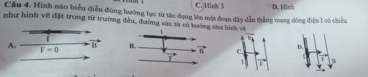 C. Hình 3 D. Hình
Câu 4. Hình nào biểu diễn đúng hướng lực từ tác dụng lên một đoạn dây dẫn thằng mang dòng điện I có chiều
như hình vẽ đặt trong từ trường đều, đường sức từ có hưư hình vẽ
I
A.
B
F=0
D.
I
B