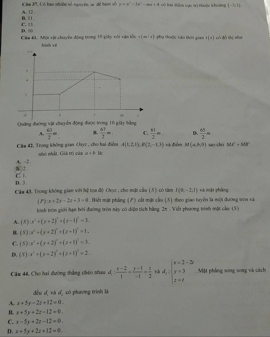 Có bao nhiêu số nguyên m để hàm số y=x^3-3x^2-mx+4 có hai điểm cực trị thuộc khoảng (-3;3).
A. 12 .
B. 1 1 .
C. 13 .
D. 10 .
Câu 41. Một vật chuyển động trong 10 giây với vận tốc v(m/s) phụ thuộc vào thời gian t(s) có 1 Ô thị như
hình vē
Quang đường vật chuyển động được trong 10 giây bằng
A.  63/2 m_:  67/2 m. C.  61/2 m. D.  65/2 m.
B.
Câu 42. Trong không gian Oxyz , cho hai điểm A(1;2;1);B(2;-1;3) và điểm M(a;b;0) sao cho MA^2+MB^2
nhỏ nhất. Giá trị của a+b là:
A. −2 .
B. 2 .
C. 1.
D. 3 .
Câu 43. Trong không gian với hệ tọa độ Oxyz , cho mặt cầu (S) có tâm I(0;-2;1) và mặt phẳng
(P):x+2y-2z+3=0. Biết mặt phẳng (P) cắt mặt cầu (S) theo giao tuyến là một đường tròn và
hình tròn giới hạn bởi đường tròn này có diện tích bằng 2π . Viết phương trình mặt cầu (S)
A. (S):x^2+(y+2)^2+(z-1)^2=3.
B. (S):x^2+(y+2)^2+(z+1)^2=1.
C. (S):x^2+(y+2)^2+(z+1)^2=3.
D. (S):x^2+(y+2)^2+(z+1)^2=2.
Câu 44. Cho hai đường thắng chéo nhau d_1: (x-2)/1 = (y-1)/-1 = z/2  và d_2:beginarrayl x=2-2t y=3 z=tendarray.. Mặt phăng song song và cách
dều d_1 và d_2 có phương trình là
A. x+5y-2z+12=0.
B. x+5y+2z-12=0.
C. x-5y+2z-12=0.
D. x+5y+2z+12=0.