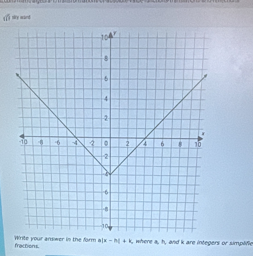 20omant/acnra-17trans16nanbns-o)-ab50i0t00 e tonetons fransaconsane renectons 
a sky ward 
your answer in the form a|x-h|+k , where a, h, and k are integers or simplifie 
fractions.