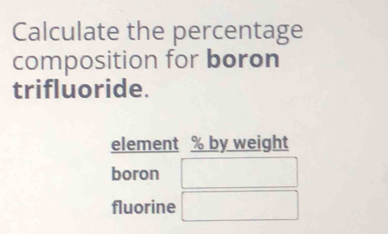 Calculate the percentage
composition for boron
trifluoride.
element % by weight
boron
fluorine