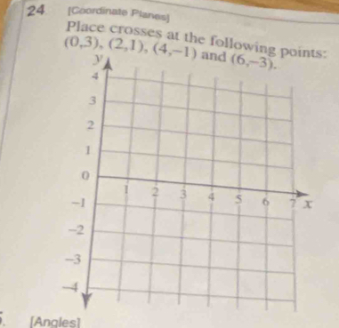 24 [Coordinate Planes]
Place crosses at the following:
(0,3),(2,1),(4,-1)
[Angles]