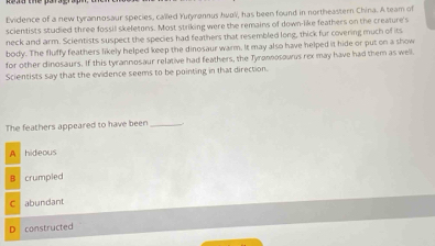 Evidence of a new tyrannosaur species, called Yuryronnus huoll, has been found in northeastern China. A team of
scientists studied three fossil skeletons. Most striking were the remains of down-like feathers on the creature's
neck and arm. Scientists suspect the species had feathers that resembled long, thick fur covering much of its
body. The fluffy feathers likely helped keep the dinosaur warm. It may also have helped it hide or put on a show
for other dinosaurs. If this tyrannosaur relative had feathers, the Tyronnosawus rex may have had them as well.
Scientists say that the evidence seems to be pointing in that direction.
The feathers appeared to have been_
A hideous
B crumpled
C abundant
D constructed