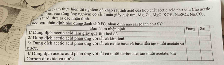 Nận Nam thực hiện thí nghiệm đề khảo sát tính acid của hợp chất acetic acid như sau: Cho acetic 
lần lượt vào từng ống nghiệm có sẵn: mẫu giấy quỳ tím, Mg, Cu, MgO , KOH, Na_2SO_4, Na_2CO_3, 
san sát rồi đưa ra các nhận định. 
Theo em nhận định nào đúng(đánh chữ 
Vệ