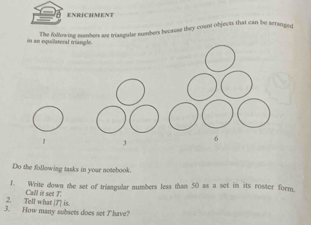 ENRICHMENT 
The following numbers are triangular numbers because they count objects that can be arranged 
in an equilateral triangle. 
1 
3 
6 
Do the following tasks in your notebook. 
1、 Write down the set of triangular numbers less than 50 as a set in its roster form. 
Call it set T. 
2. Tell what |T| is. 
3. How many subsets does set Thave?