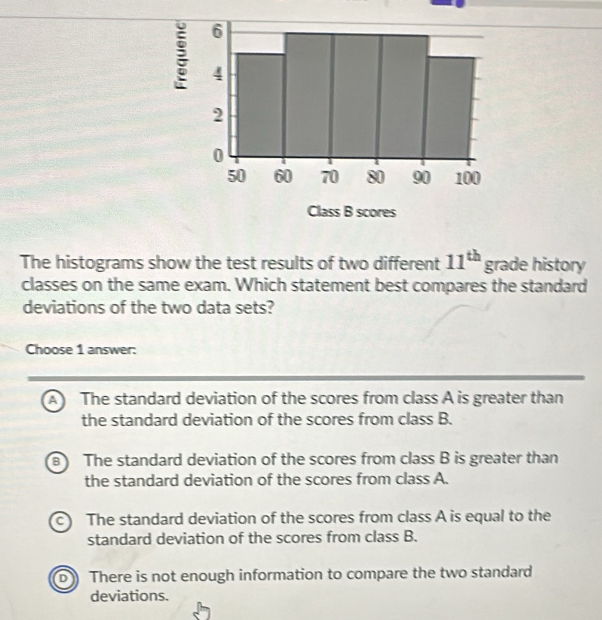 The histograms show the test results of two different 11^(th) grade history
classes on the same exam. Which statement best compares the standard
deviations of the two data sets?
Choose 1 answer:
The standard deviation of the scores from class A is greater than
the standard deviation of the scores from class B.
8 The standard deviation of the scores from class B is greater than
the standard deviation of the scores from class A.
The standard deviation of the scores from class A is equal to the
standard deviation of the scores from class B.
D There is not enough information to compare the two standard
deviations.