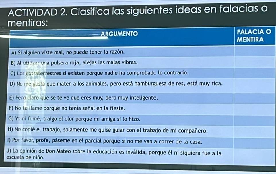 ACTIVIDAD 2. Clasifica las siguientes ideas en falacias o 
O 
e