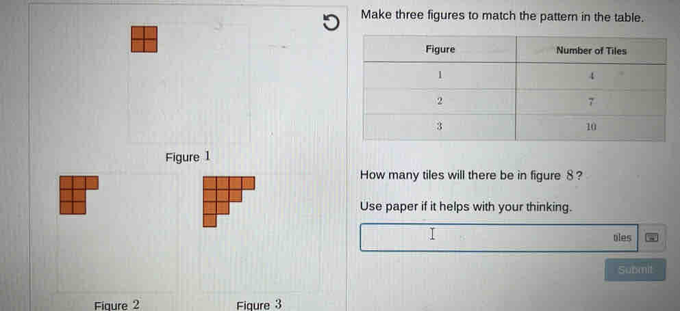 Make three figures to match the pattern in the table. 
Figure 1 
How many tiles will there be in figure 8? 
Use paper if it helps with your thinking. 
tles 
Submit 
Fiqure 2 Fiaure 3