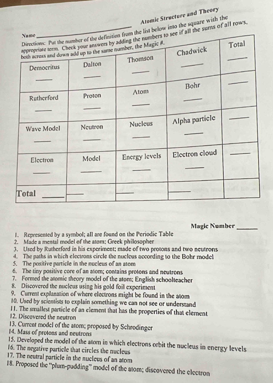 Atomic Structure and Theory 
w into the square with the 
sums of all rows. 
Magic Number_ 
1. Represented by a symbol; all are found on the Periodic Table 
2. Made a mental model of the atom; Greek philosopher 
3. Used by Rutherford in his experiment; made of two protons and two neutrons 
4. The paths in which electrons circle the nuclcus according to the Bohr model 
5. The positive particle in the nucleus of an atom 
6. The tiny positive core of an atom; contains protons and neutrons 
7. Formed the atomic theory model of the atom; English schoolteacher 
8. Discovered the nucleus using his gold foil experiment 
9. Current explanation of where electrons might be found in the atom 
10. Used by scientists to explain something we can not see or understand 
11. The smallest particle of an element that has the properties of that element 
12. Discovered the neutron 
13. Current model of the atom; proposed by Schrodinger 
14. Mass of protons and neutrons 
15. Developed the model of the atom in which electrons orbit the nucleus in energy levels 
16. The negative particle that circles the nucleus 
17. The neutral particle in the nucleus of an atom 
18. Proposed the “plum-pudding” model of the atom; discovered the electron