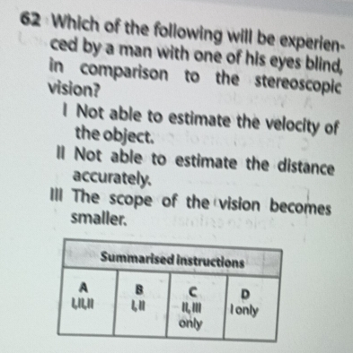 Which of the following will be experien-
ced by a man with one of his eyes blind,
in comparison to the stereoscopic
vision?
I Not able to estimate the velocity of
the object.
ll Not able to estimate the distance
accurately.
Ill The scope of the vision becomes
smaller.