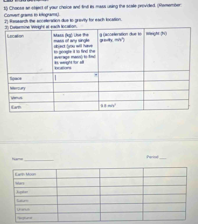 Choose an object of your choice and find its mass using the scale provided. (Remember:
Convert grams to kilograms).
2) Research the acceleration due to gravity for each location.
Name_
Period_