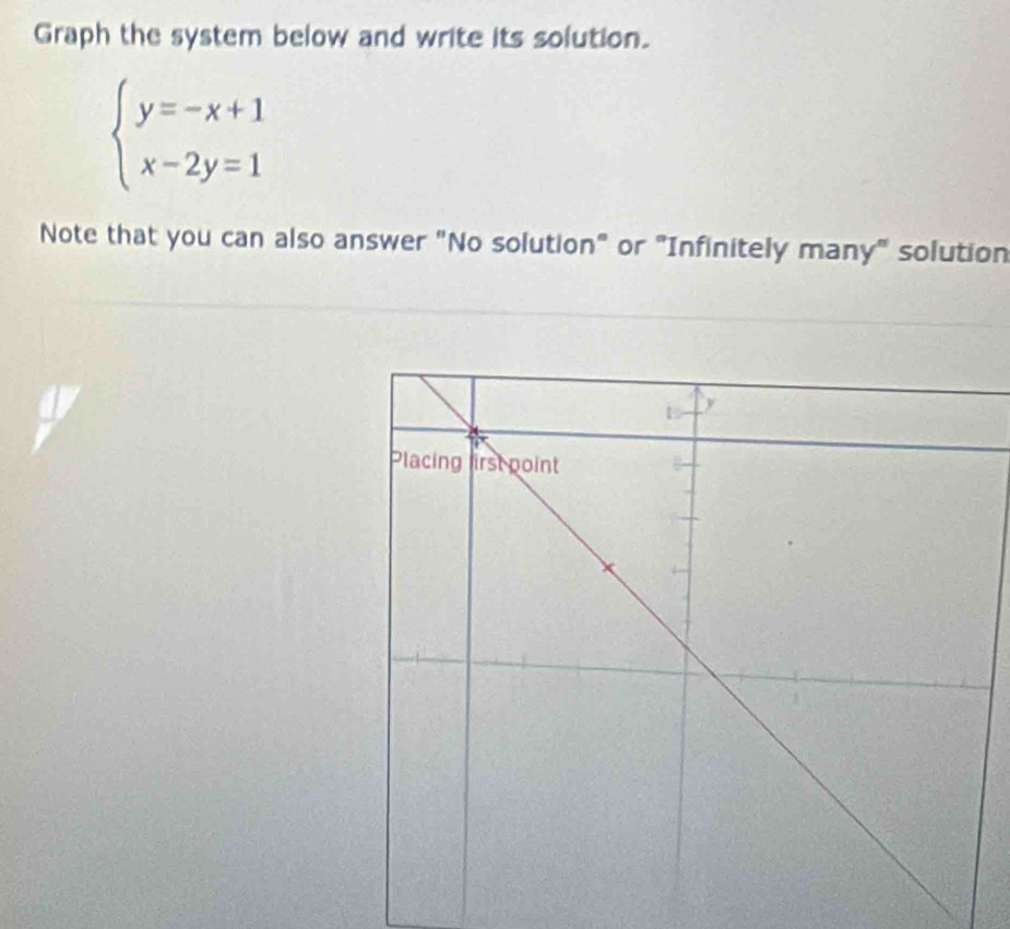 Graph the system below and write its solution.
beginarrayl y=-x+1 x-2y=1endarray.
Note that you can also answer "No solution" or "Infinitely many" solution