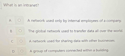 What is an intranet?
A A network used only by internal employees of a company.
B The global network used to transfer data all over the world.
C A network used for sharing data with other businesses.
D A group of computers connected within a building.