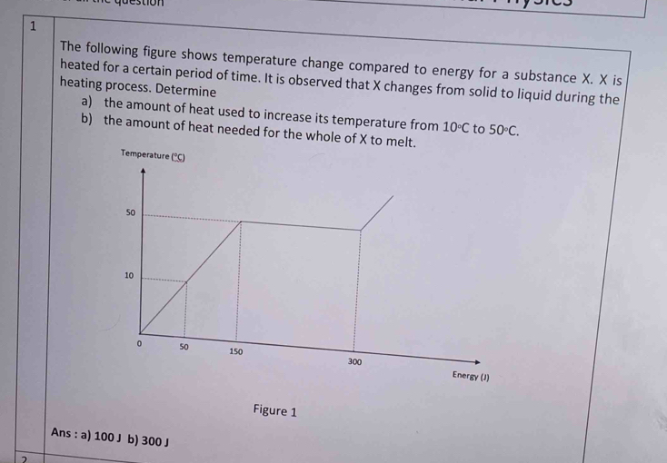 The following figure shows temperature change compared to energy for a substance X. X is
heated for a certain period of time. It is observed that X changes from solid to liquid during the
heating process. Determine
a) the amount of heat used to increase its temperature from 10°C to 50°C.
b) the amount of heat needed for the whole of X to melt.
Figure 1
Ans : a) 100 J b) 300 J