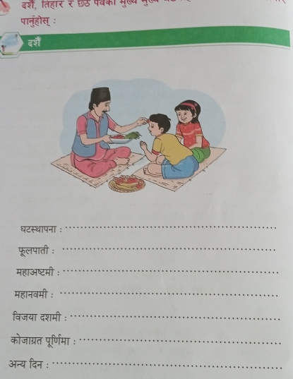 दर्श, तिहार ₹ छठ पवका मुख्य मुज 
पानुहोस् : 
दशीं 
घटस्थापना : 
_ 
फूलपाती ः_ 
महाअष्टमी :_ 
महानवमी :_ 
विजया दशमी :_ 
कोजाग्रत पूर्णिमा ः_ 
अन्य दिन :_