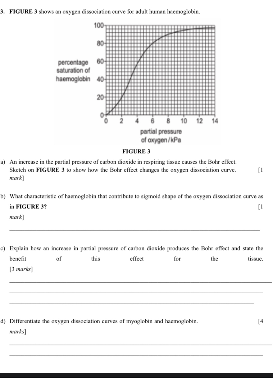 FIGURE 3 shows an oxygen dissociation curve for adult human haemoglobin.
100
80 - 
percentage 60
saturation of 
haemoglobin 40
20
2 4 6 8 10 12 14
partial pressure 
of oxygen/kPa 
FIGURE 3 
a) An increase in the partial pressure of carbon dioxide in respiring tissue causes the Bohr effect. 
Sketch on FIGURE 3 to show how the Bohr effect changes the oxygen dissociation curve. 
mark] 
b) What characteristic of haemoglobin that contribute to sigmoid shape of the oxygen dissociation curve as 
in FIGURE 3? 
mark] 
_ 
c) Explain how an increase in partial pressure of carbon dioxide produces the Bohr effect and state the 
benefit of this effect for the tissue. 
[3 marks] 
_ 
_ 
_ 
d) Differentiate the oxygen dissociation curves of myoglobin and haemoglobin. [4 
marks] 
_ 
_