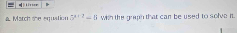 Listen 
a. Match the equation 5^(x+2)=6 with the graph that can be used to solve it.