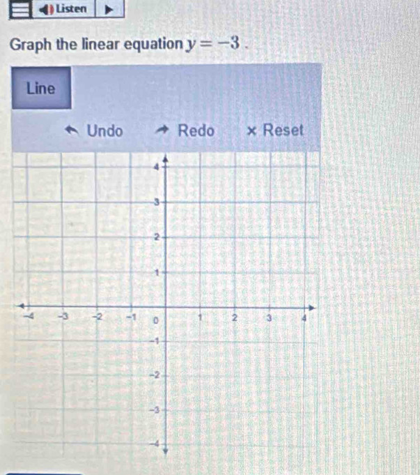 Listen 
Graph the linear equation y=-3. 
Line 
Undo Redo × Reset