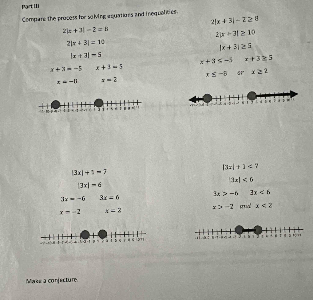 Part III
Compare the process for solving equations and inequalities.
2|x+3|-2≥ 8
2|x+3|-2=8
2|x+3|≥ 10
2|x+3|=10
|x+3|≥ 5
|x+3|=5
x+3≤ -5 x+3≥ 5
x+3=-5 x+3=5
x≤ -8 or x≥ 2
x=-8 x=2

|3x|+1<7</tex>
|3x|+1=7
|3x|<6</tex>
|3x|=6
3x>-6 3x<6</tex>
3x=-6 3x=6
x>-2 and x<2</tex>
x=-2 x=2

Make a conjecture.