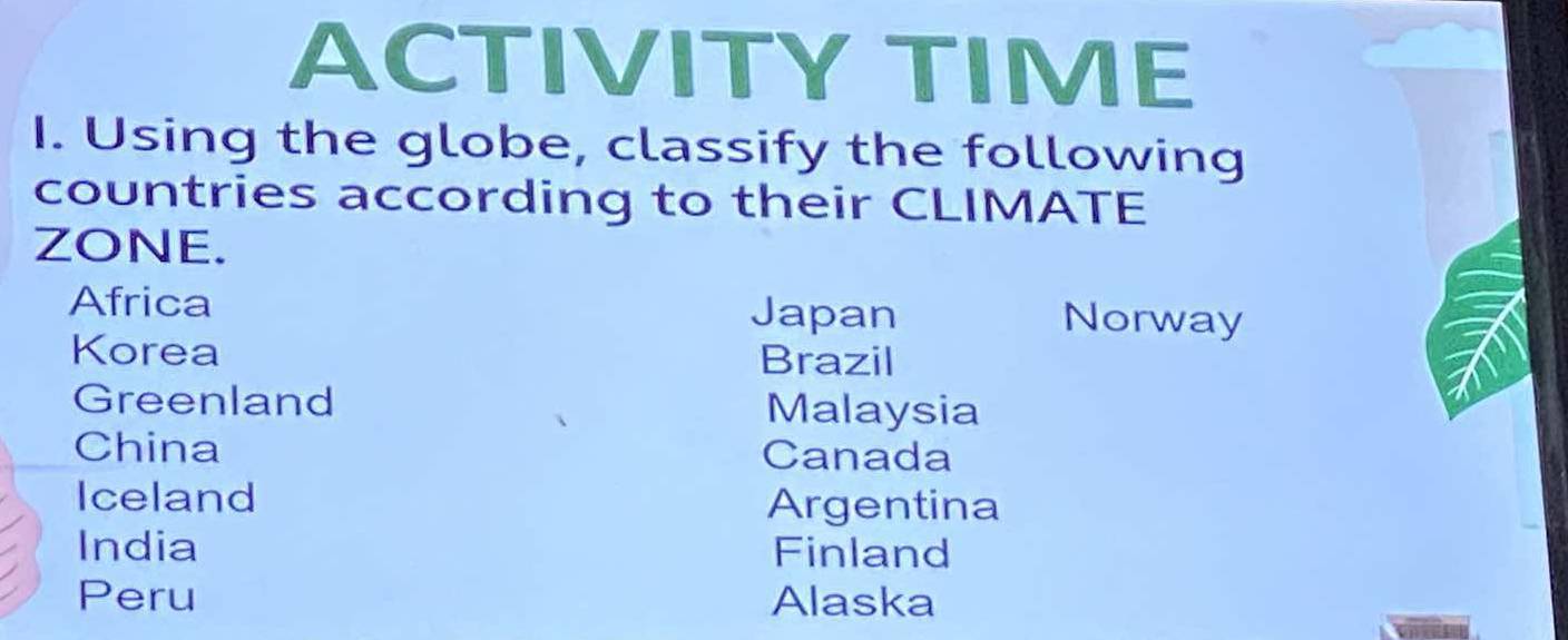 ACTIVITY TIME 
I. Using the globe, classify the following 
countries according to their CLIMATE 
ZONE. 
Africa Japan Norway 
Korea Brazil 
Greenland Malaysia 
China Canada 
Iceland Argentina 
India Finland 
Peru Alaska