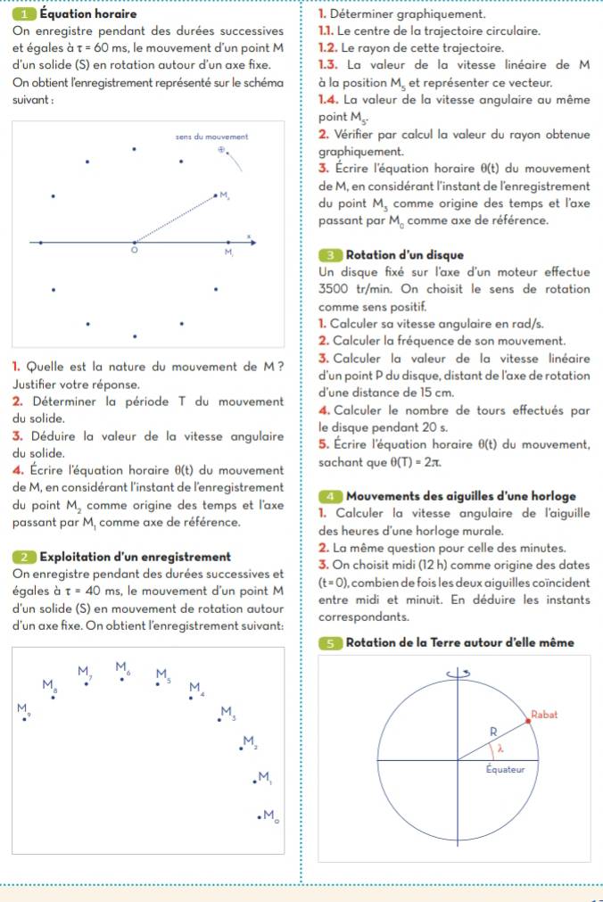 Équation horaire 1. Déterminer graphiquement.
On enregistre pendant des durées successives 1.1. Le centre de la trajectoire circulaire.
et égales à tau =60ms s, le mouvement d'un point M 1.2. Le rayon de cette trajectoire.
d'un solide (S) en rotation autour d'un axe fixe. 1.3. La valeur de la vitesse linéaire de M
On obtient l'enregistrement représenté sur le schéma  à la position M, et représenter ce vecteur.
suivant : 1.4. La valeur de la vitesse angulaire au même
point M_5^-
sens du mouvement 2. Vérifier par calcul la valeur du rayon obtenue
D
graphiquement.
3. Écrire l'équation horaire θ (t) du mouvement
de M, en considérant l'instant de l'enregistrement
M_2 du point M_3 comme origine des temps et l'axe
passant par M_0 comme axe de référence.
ǒ M,  Rotation d'un disque
Un disque fixé sur l'axe d'un moteur effectue
3500 tr/min. On choisit le sens de rotation
comme sens positif.
1. Calculer sa vitesse angulaire en rad/s.
2. Calculer la fréquence de son mouvement.
1. Quelle est la nature du mouvement de M? 3. Calculer la valeur de la vitesse linéaire
Justifier votre réponse. d'un point P du disque, distant de l'axe de rotation
d'une distance de 15 cm.
2. Déterminer la période T du mouvement 4. Calculer le nombre de tours effectués par
du solide.
le disque pendant 20 s.
3. Déduire la valeur de la vitesse angulaire 5. Écrire l'équation horaire θ (t) du mouvement,
du solide. sachant que θ (T)=2π .
4. Écrire l'équation horaire θ (t) du mouvement
de M, en considérant l'instant de l'enregistrement *  Mouvements des aiguilles d'une horloge
du point M_2 comme origine des temps et l'axe 1. Calculer la vitesse angulaire de l'aiguille
passant par M_1 comme axe de référence. des heures d'une horloge murale.
2. La même question pour celle des minutes.
Exploitation d un enregistrement 3. On choisit midi (12 h) comme origine des dates
On enregistre pendant des durées successives et ), combien de fois les deux aiguilles coïncident
(t=0)
égales à tau =40 ms, le mouvement d'un point M entre midi et minuit. En déduire les instants
d'un solide (S) en mouvement de rotation autour
d'un axe fixe. On obtient l’enregistrement suivant: correspondants.
5  Rotation de la Terre autour d'elle même
,
Rabat
R
λ
Equateur