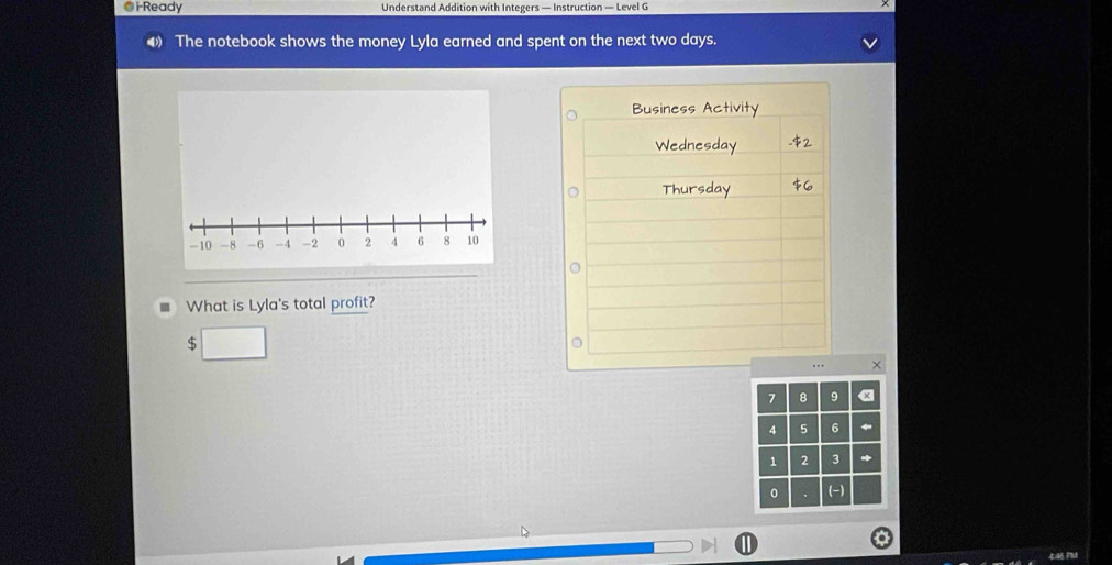 i-Ready Understand Addition with Integers — Instruction — Level G 
The notebook shows the money Lyla earned and spent on the next two days. 
Business Activity 
Wednesday 
Thursday 
What is Lyla's total profit?
$.
7 8 9 «
4 5 6
1 2 3 * 
0 
4:45 PM