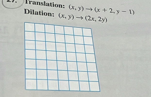 Translation: (x,y)to (x+2,y-1)
Dilation: (x,y)to (2x,2y)