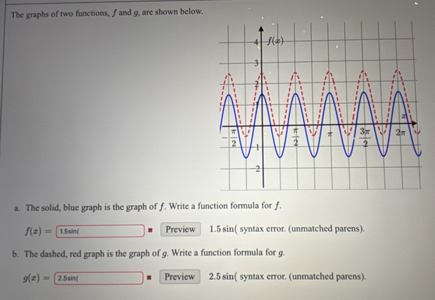 The graphs of two functions, f and g, are shown below.
a. The solid, blue graph is the graph of f. Write a function formula for f.
f(x)= 1.5sin( Preview 1.5 sin( syntax error. (unmatched parens).
b. The dashed, red graph is the graph of g. Write a function formula for g.
g(x)= 2.5sin( Preview 2.5 sin( syntax error. (unmatched parens).