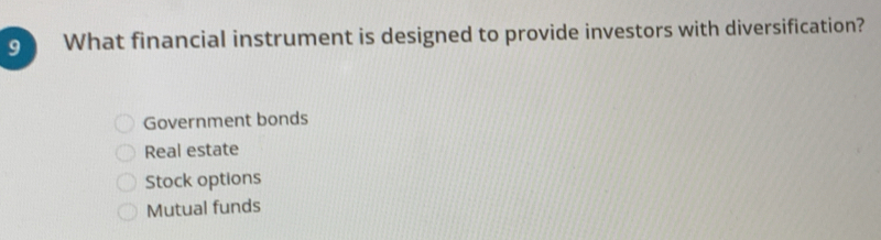 What financial instrument is designed to provide investors with diversification?
Government bonds
Real estate
Stock options
Mutual funds