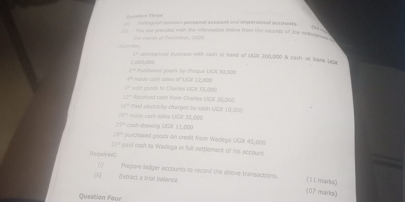 Question Three 
(a) Distinguish between personal account and impersonal accounts. 
(02 mu 
(b) You are provided with the information below from the records of Joy enterprises to 
the month of December, 2020. 
December,
1^(st) commenced business with cash at hand of UGX 200,000 & cash at bank UGX
2,000,000
2^(nd) Purchased goods by cheque UGX 80,000
4^(th) made cash sales of UGX 12,000
G^(th) sold goods to Charles UGX 55,000
12^(th) Received cash from Charles UGX 30,000
16^(th) Paid electricity charges by cash UGX 10,000
20^(th) made cash sales UGX 35,000
25^(th) cash drawing UGX 11,000
28^(th) purchased goods on credit from Wadega UGX 45,000
31^(st) paid cash to Wadega in full settlement of his account 
Required; 
(i) Prepare ledger accounts to record the above transactions. (11 marks) 
(ii) Extract a trial balance 
(07 marks) 
Question Four