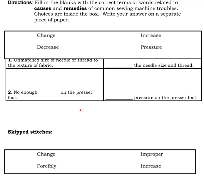 Directions: Fill in the blanks with the correct terms or words related to
causes and remedies of common sewing machine troubles.
Choices are inside the box. Write your answer on a separate
piece of paper.
Skipped stitches:
Change Improper
Forcibly Increase
