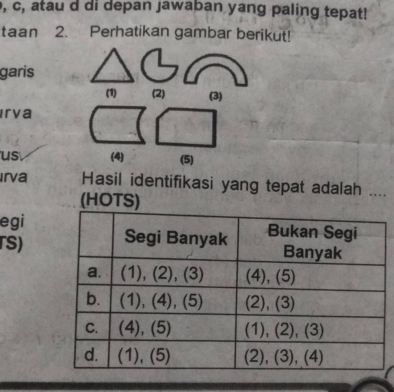 o, c, atau d di depan jawaban yang paling tepat! 
taan 2. Perhatikan gambar berikut! 
garis 
(1) (2) (3) 
Irva 
us (4) (5) 
Irva Hasil identifikasi yang tepat adalah .... 
(HOTS) 
egi 
rS)