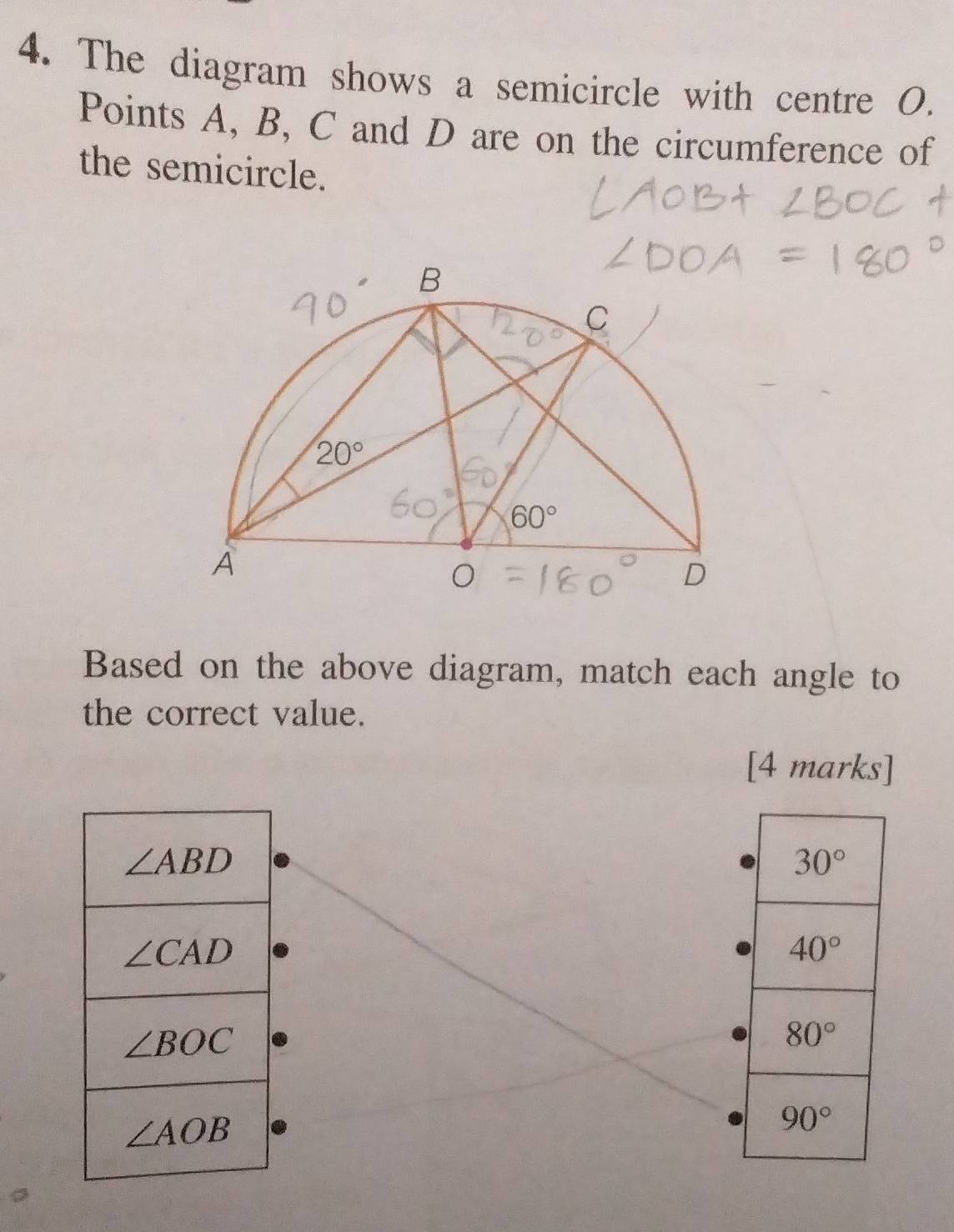 The diagram shows a semicircle with centre O.
Points A, B, C and D are on the circumference of
the semicircle.
Based on the above diagram, match each angle to
the correct value.
[4 marks]
。