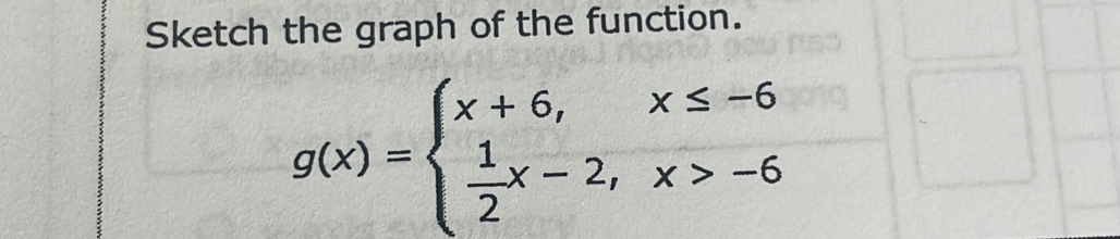 Sketch the graph of the function.
g(x)=beginarrayl x+6,x≤ -6  1/2 x-2,x>-6endarray.