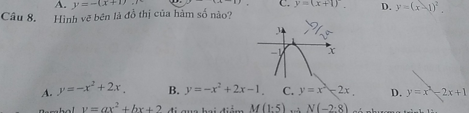 (x-1) C. y=(x+1)^-.
A. y=-(x+1) D. y=(x-1)^2. 
Câu 8. Hình vẽ bên là đồ thị của hàm số nào?
A. y=-x^2+2x. B. y=-x^2+2x-1. C. y=x^2-2x. D. y=x^2-2x+1
y=ax^2+bx+2 đi qua bai điểm M(1:5) và N(-2:8)