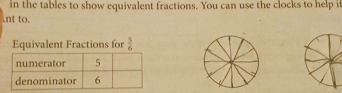 in the tables to show equivalent fractions. You can use the clocks to help if 
.nt to. 
Equivalent Fractions for  5/6 